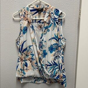 Alfani Blue and Tan Sleeveless Wrap Blouse